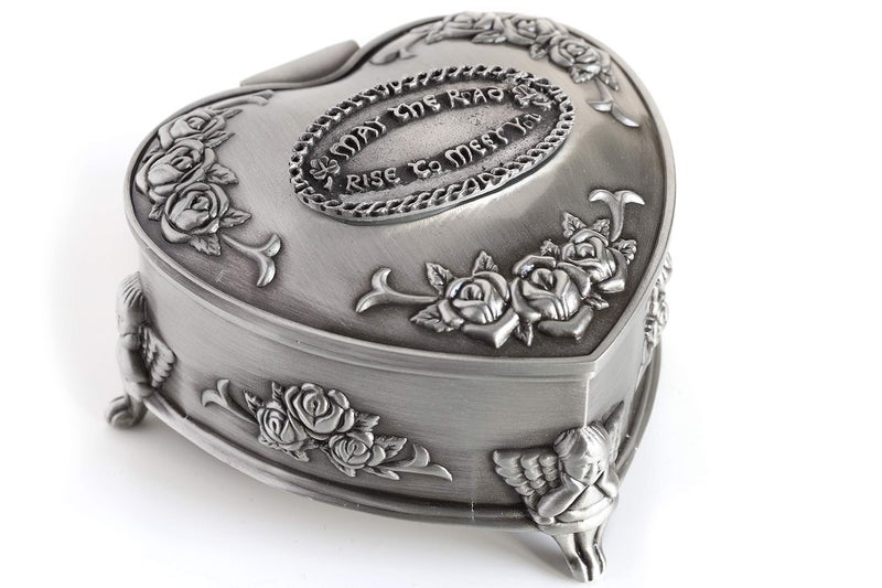 Biddy Murphy Irish Gifts Irish Jewelry Box Heart-Shaped May the Road Rise Medallion Pewter Made in Ireland - Image 1